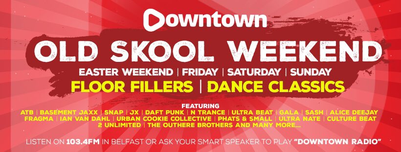 WIN: A £100 Amazon Gift Card 🎁 🙌 Its on!!! 🔥 🔥 🔥 The #OldSkoolWeekend has moved to <a href="/downtownradio/">Downtown Radio</a> 💃 🎶 -  Listen now on 103.4FM in the Belfast area 📻 or ask your smart speaker to play Downtown Radio! 🔊 Enter here 👉 bit.ly/31GLeEQ

Good Luck 🤞