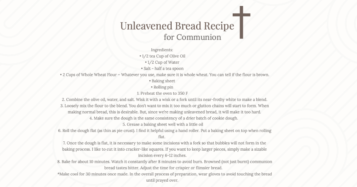 GET READY FOR COMMUNION!

CALVERY &amp; COMMUNION EASTER SERVICE - 03/04/2021

Unleavened Bread Recipe! 

Special thanks to Delrose! 

Let’s get ready!