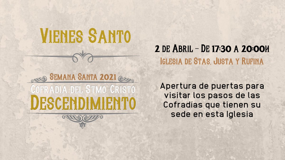 DescendimienT0's tweet photo. VIERNES SANTO - Hoy de 17:30 a 20:00h las puertas de nuestra sede  @mozarabeStJust permanecerán abiertas para poder contemplar los pasos de las Cofradías con sede en esta Iglesia. 

#ViernesSanto #SS21 #SemanaSanta #SemanaSantadeToledo #Descendimiento #DescendimientoDeToledo https://t.co/NCRsCWugej