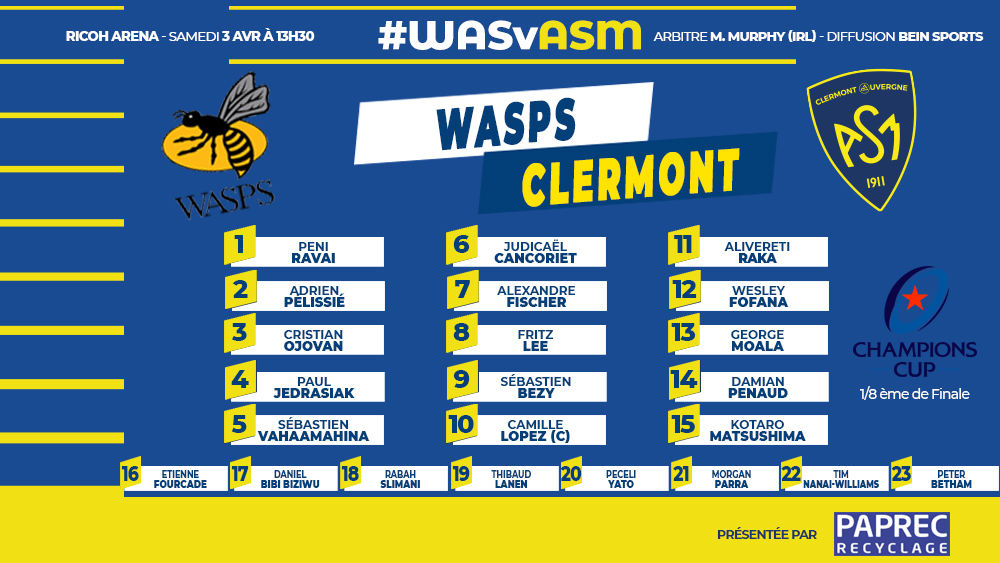 ASMOfficiel's tweet photo. ⚠️#CompoASM @sebbezy titulaire à la mêlée face aux @WaspsRugby pour le huitième de finale de @ChampionsCup_FR demain à 13h30 sur 📺 @beinsports_FR
#WASvASM #YellowArmy
Lire l'article complet 👉https://t.co/okI6ZTGoA2 https://t.co/Pi1XKA3Cb6