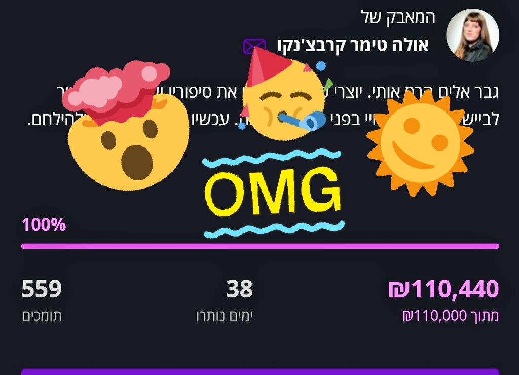 OMG!!!!!
בהתחלה הייתי מלאת חששות. המון חששות. כול כך הרבה תלוי בגיוס הזה, אבל הנה כבר בעזרתכם ובעזרת אחרים הגעתי ליעד. אל תקפאו על השמרים, תנו ללחם לתפוח. כל קנייה של ספר והמשך ההפצה (יש עוד 38 יום!) יגדילו את הסיכויים שלי לקבל צדק ולשקם את חיי מהריסות.
אוהבת אתכם❤️❤️❤️