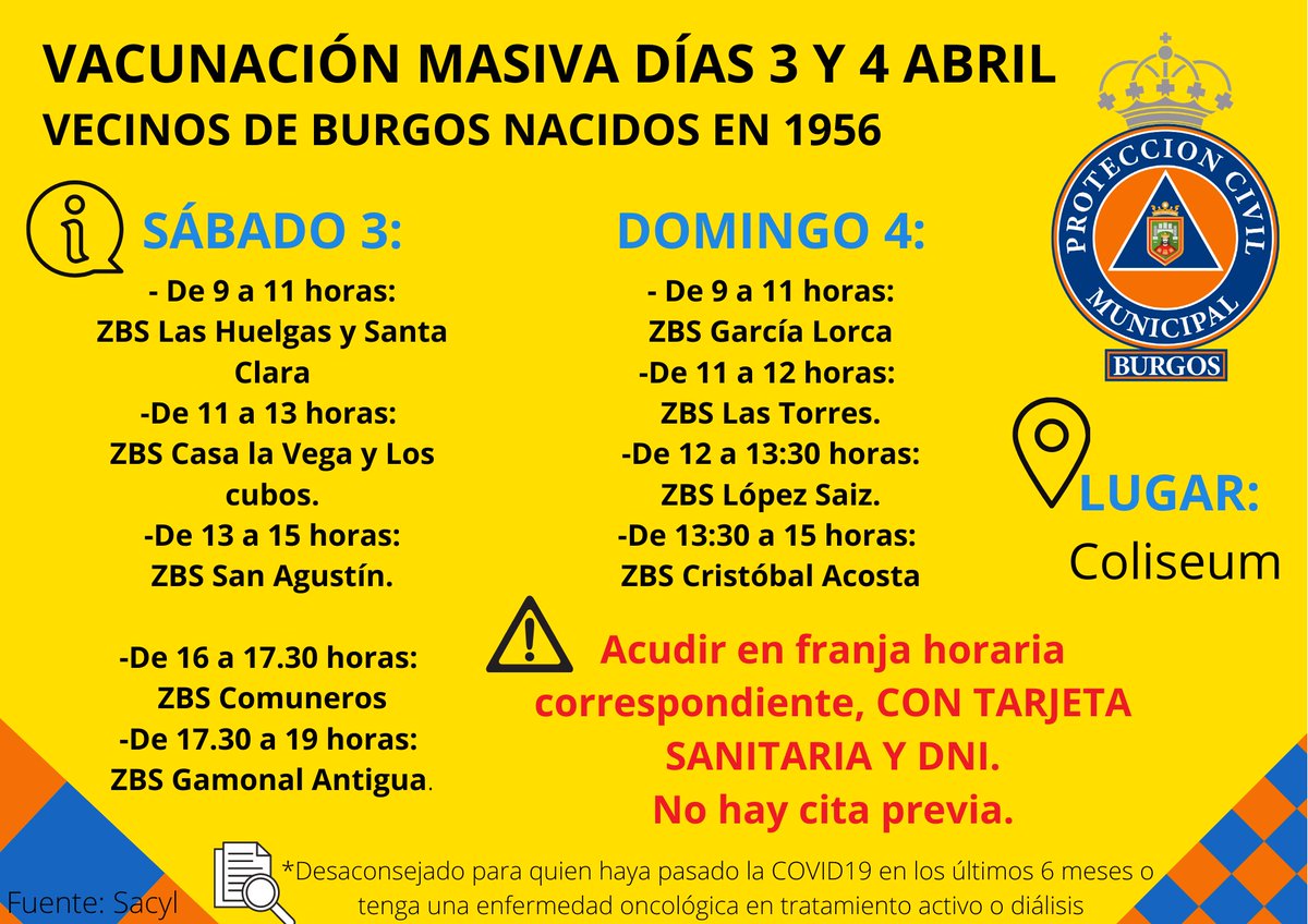 PCivilBurgos's tweet photo. 💉VACUNACIÓN MASIVA VECINOS #BURGOS NACIDOS EN 1956

➡Mañana sábado comienza la #vacunación masiva contra la #Covid19 a este grupo. Difunde y comparte esta información⬇ https://t.co/fxtb70xf2R