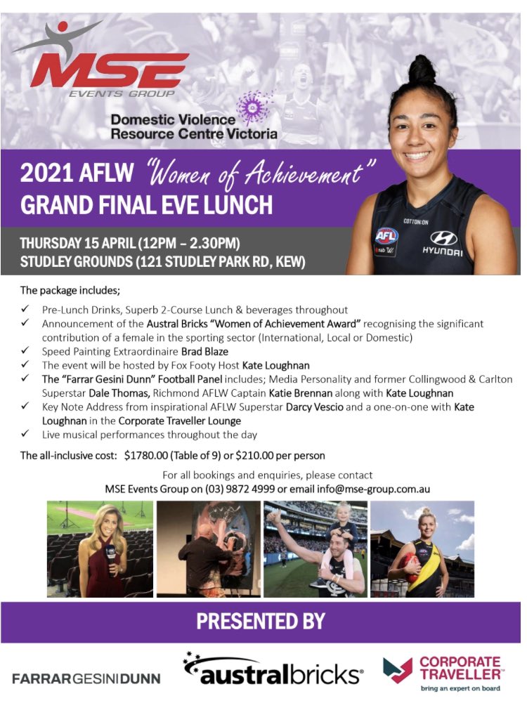 MSEEventsGroup's tweet photo. 2 tables remain for the 2021 AFLW Grand Final Lunch on Thur 15 April at Studley Grounds supporting the @dvrcv. Can’t wait to hear from @darcyvee @DThomas_39 and Katie Brennan &amp; host @KathLoughnan. Entertainment from the brilliant @bradblaze. To book email; peter@mse-group.com.au https://t.co/oIN6sVUfS0