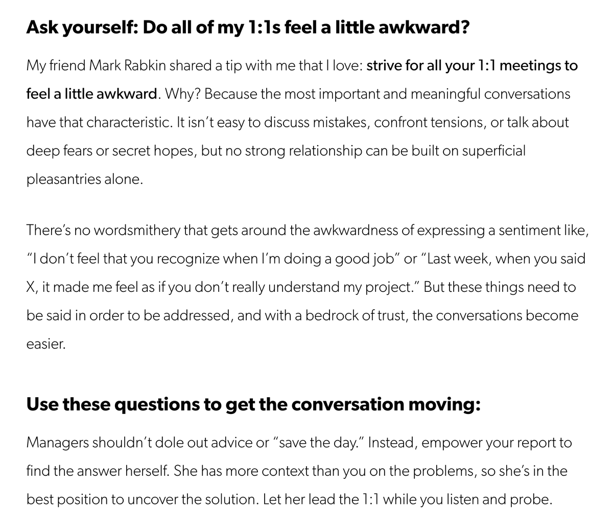 rorykoehein's tweet photo. "Your job as a manager isn’t to dole out advice or ‘save the day’ — it’s to empower your report to find the answer herself. She has more context than you on the problems she’s dealing with, she’s in the best position to uncover the solution" 

https://t.co/yKFCgNlwc9

#management https://t.co/tVDHc2XwOy