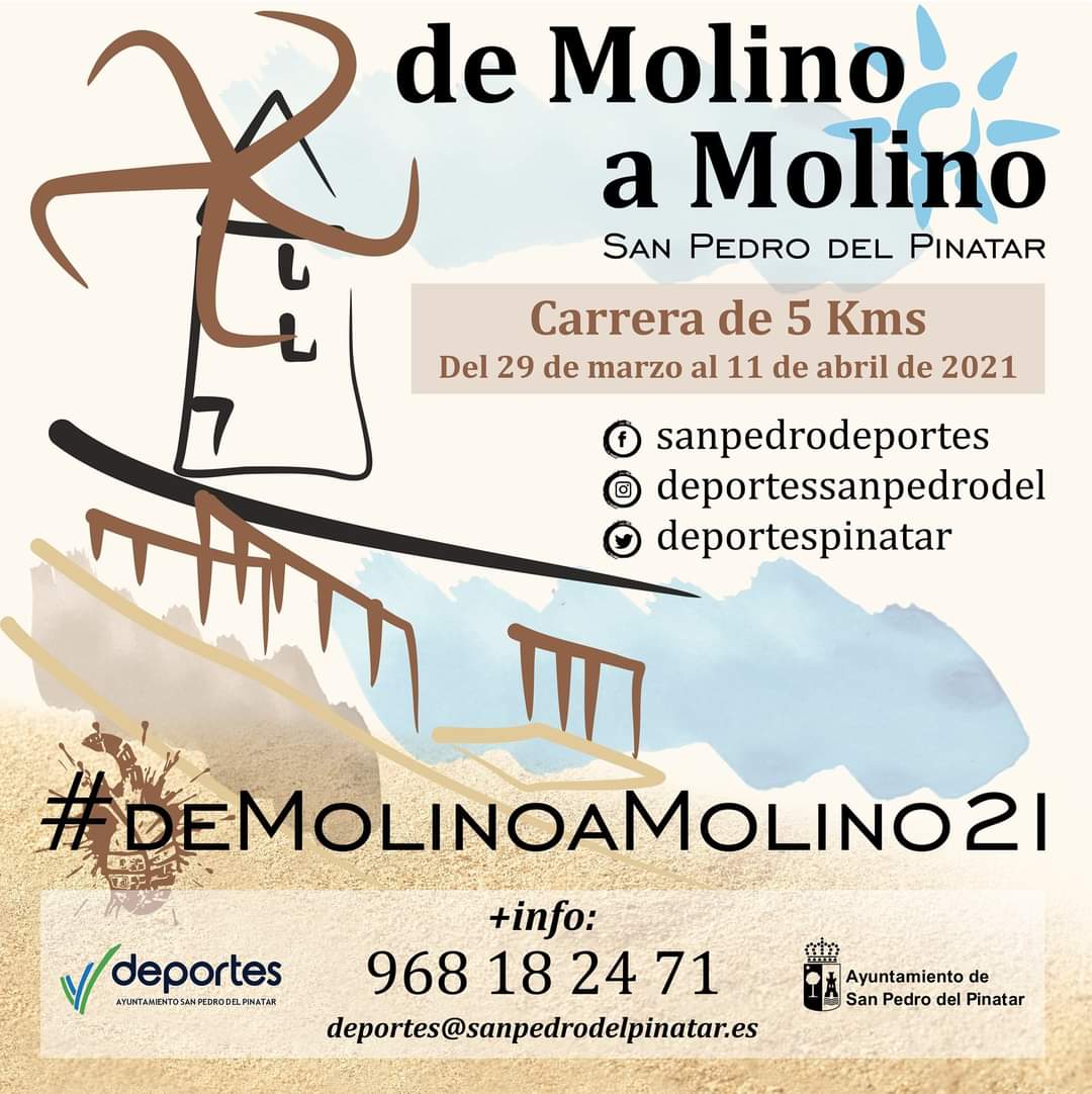 MUY IMPORTANTE: 

No debéis olvidar estos detalles para poder entrar en los sorteos de nuestra carrera:
- Mandar correo a deportes@sanpedrodelpinatar.es

- Compartir en redes sociales con el #deMolinoaMolino21 y etiquetar a Concejalía de Deportes San Pedro del Pinatar
