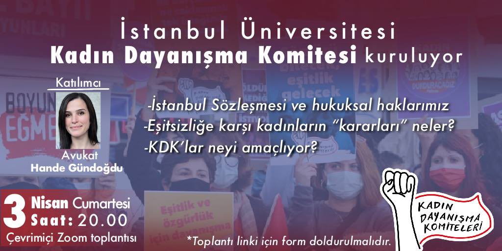 Her gün tacize uğruyor, saldırıya uğruyor, öldürülüyoruz. Bu da yetmezmiş gibi hukuksal haklarımız da elimizden alınıyor!
Kadınların birlikte hareket edebileceği  İSTANBUL ÜNİVERSİTESİ-KADIN DAYANIŞMA KOMİTESİ KURULUYOR! 

3 NİSAN CUMARTESİ, 20.00.
Başvuru:forms.gle/dV3wS2PfK9WeAS…