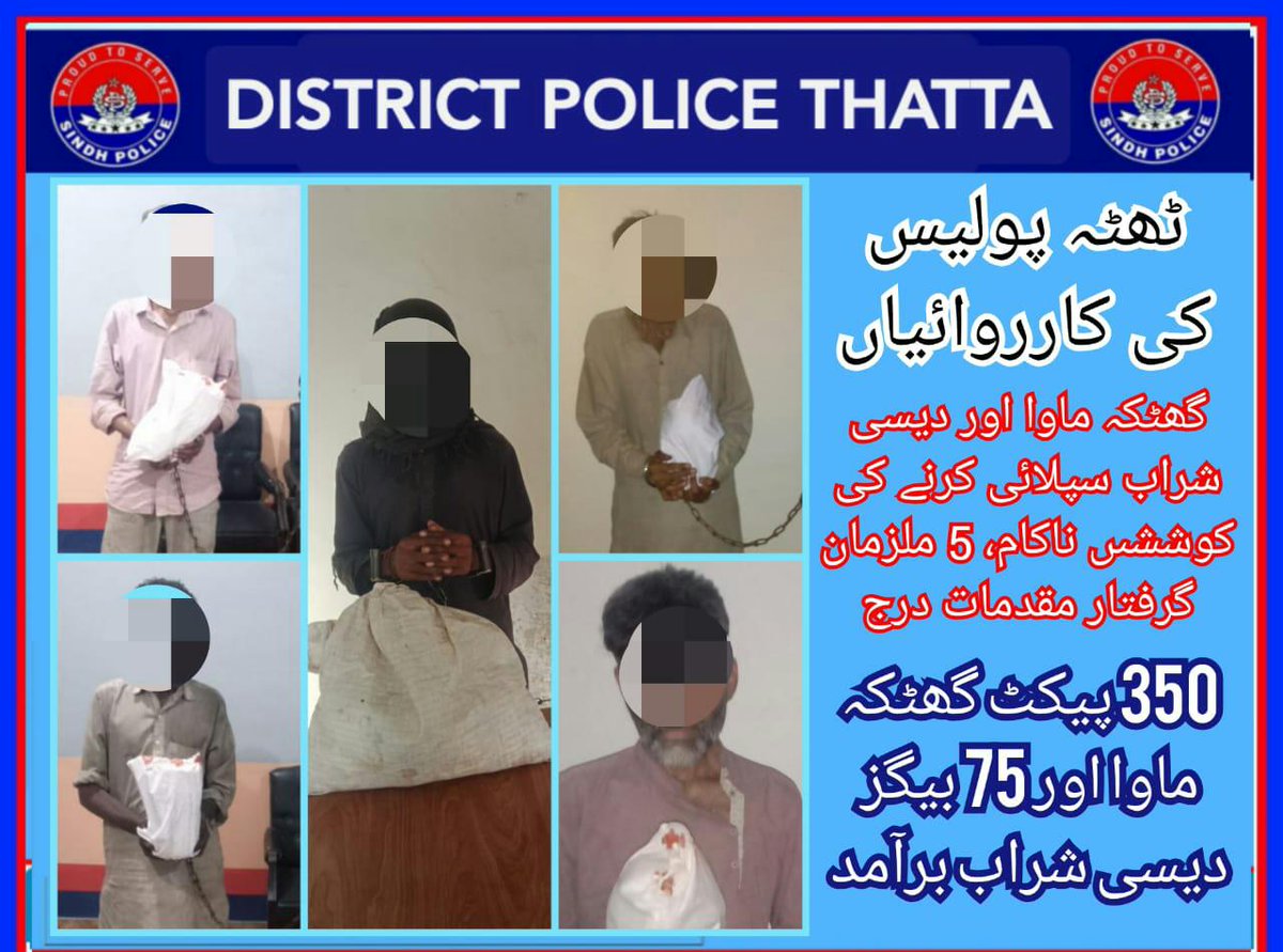 Thatta Police has averted an attempt of transportation of Contraband items @ different areas of District, arrested 05 accused persons, recovered 350 packets Gutka Mawa, 75 bags local wine and Cases registered.