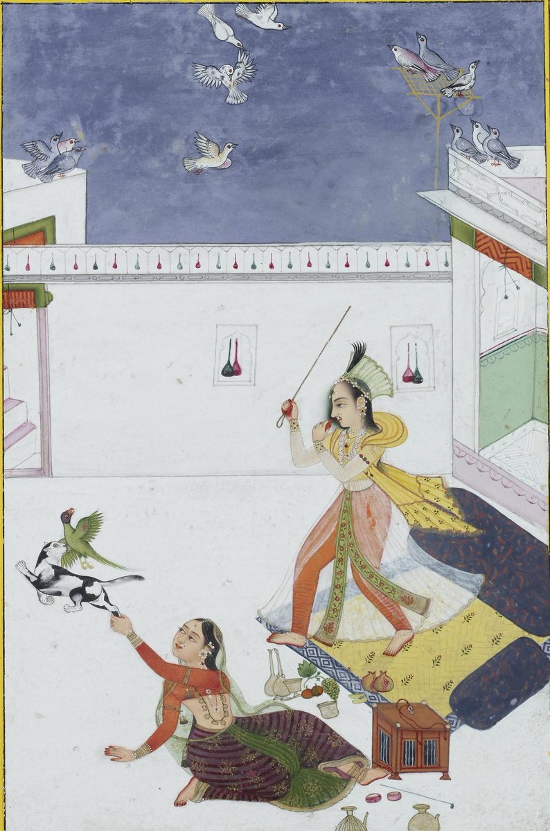 Today's entry for  #NationalPetMonth. When your pets interact...badly! An 18th c. Rajasthan miniature of a lady with stick trying to defend her pet parrot from being mauled by black and white cat (servant grabs a leg). Spot parrot cage on right ( @britishmuseum 1999,1202,0.4.19)