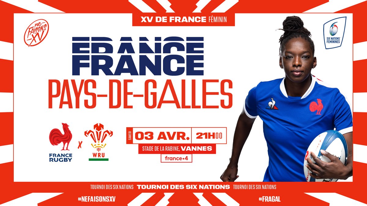 JOUR DE MATCH ! 🇫🇷 DÉBUT DU TOURNOI DES #SIXNATIONS POUR LE #XVdeFrance ! 😍

🏆 <a href="/Womens6Nations/">Guinness Women's Six Nations</a>
📊 1re journée 🆚 <a href="/WelshRugbyUnion/">Welsh Rugby Union 🏴󠁧󠁢󠁷󠁬󠁳󠁿</a> 🏴󠁧󠁢󠁷󠁬󠁳󠁿
📍 Stade de la Rabine, <a href="/MairieDeVannes/">Mairie de Vannes</a>
🕘 21:00
📺 @France4tv et <a href="/francetvsport/">francetvsport</a>
#⃣ #FRAGAL #NeFaisonsXV