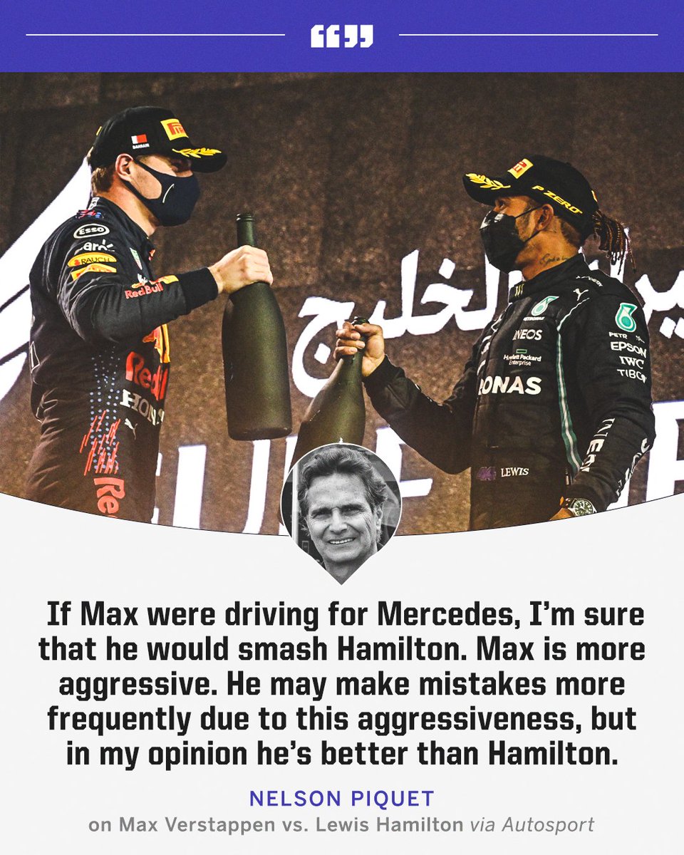 Nelson Piquet has said Max Verstappen would "smash" Lewis Hamilton if they were driving the same car 👀