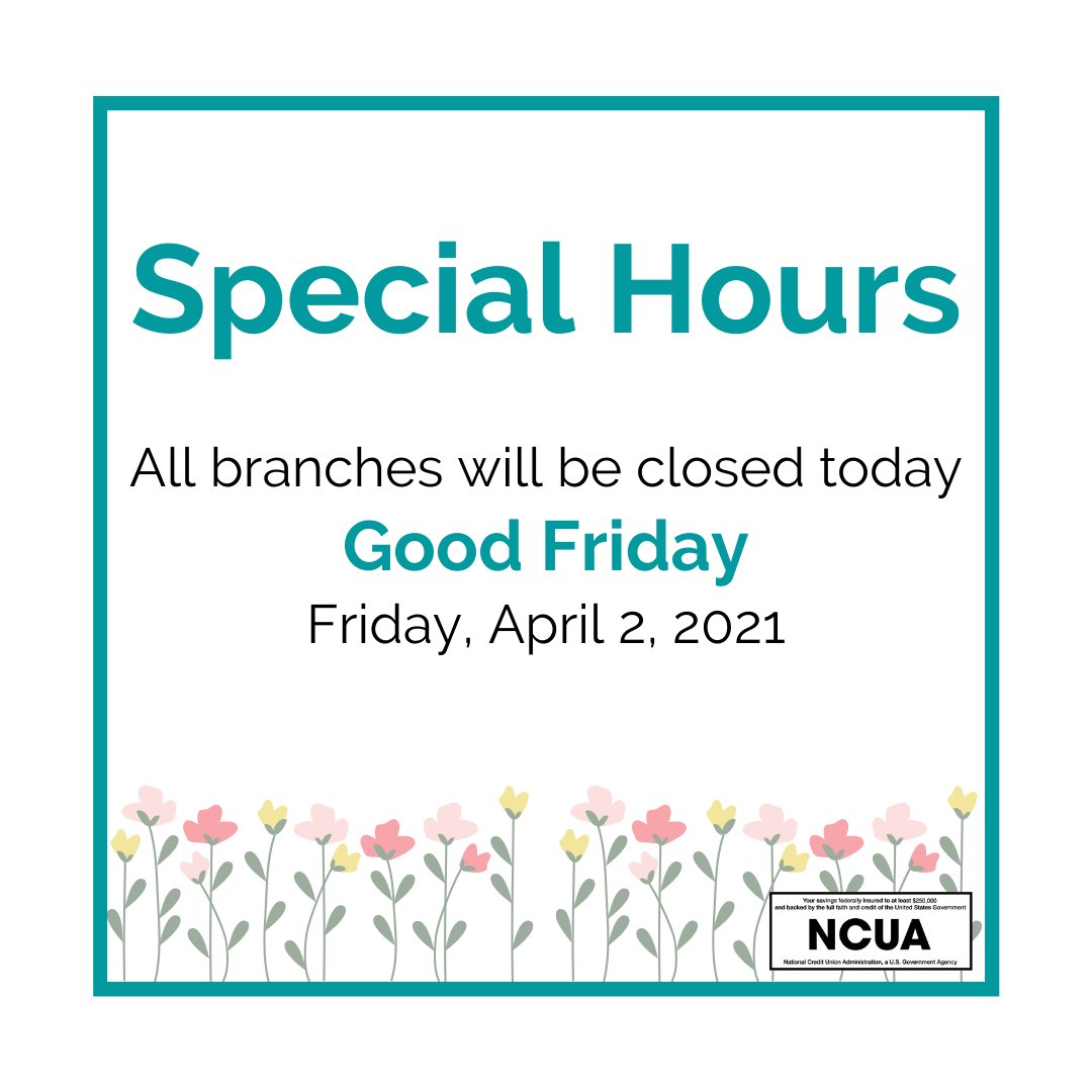 harco_cu's tweet photo. In observation of Good Friday, all Har-co Credit Union offices will be closed today: Friday, April 2, 2021. Enjoy the holiday!
____
#goodfriday #easter #specialhours #closed #creditunion #harfordcounty #harfordcountymd https://t.co/KxHXEiXOYk