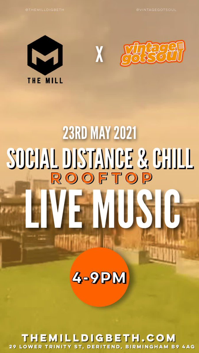 Due to popular demand, our first event back will be held on Birmingham’s favourite rooftop terrace! 🎤 

Expect live music &amp; top vibes at The Mill, Sunday 23rd May 💥 Tickets 👉🏽 bit.ly/3sJcHBC