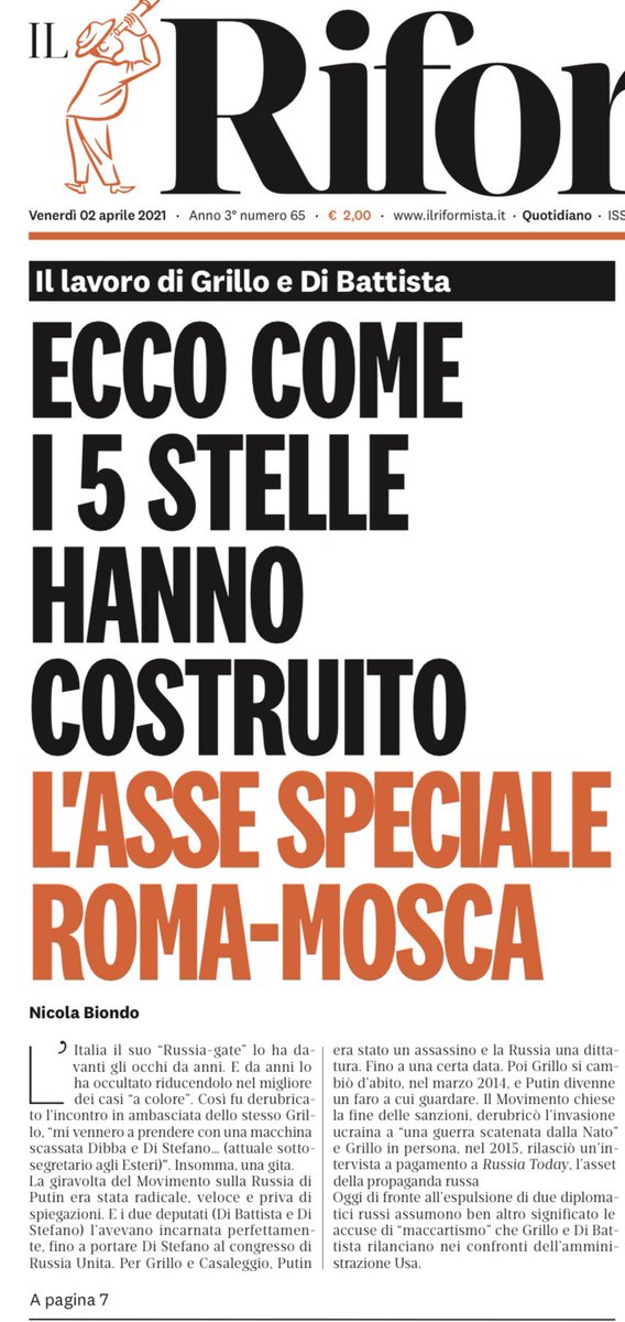 francofontana43's tweet photo. Con l’apertura di oggi @ilriformista tocca il fondo del giornalismo spazzatura. 
Colpa del direttore o di un giornalista rancoroso con il M5S che lo licenziò 7 anni fa?
Di sicuro insinuare un legame tra il M5S e il Russia Gate di questi giorni è semplicemente ridicolo e indecente https://t.co/XNb6ogI5Eb