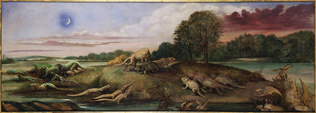 Naomi_Daw's tweet image. Let’s go big &amp;amp; go Jurassic for #FossilFriday! Here’s Benjamin Waterhouse Hawkins’ ‘Jurassic Life of Europe’ (1877). The painting measures a panoramic 94.3cm × 233.7cm in its frame. It’s on display at the Guyot Hall in Princeton’s Department of Geosciences. #dinosaurs #PrincetonU