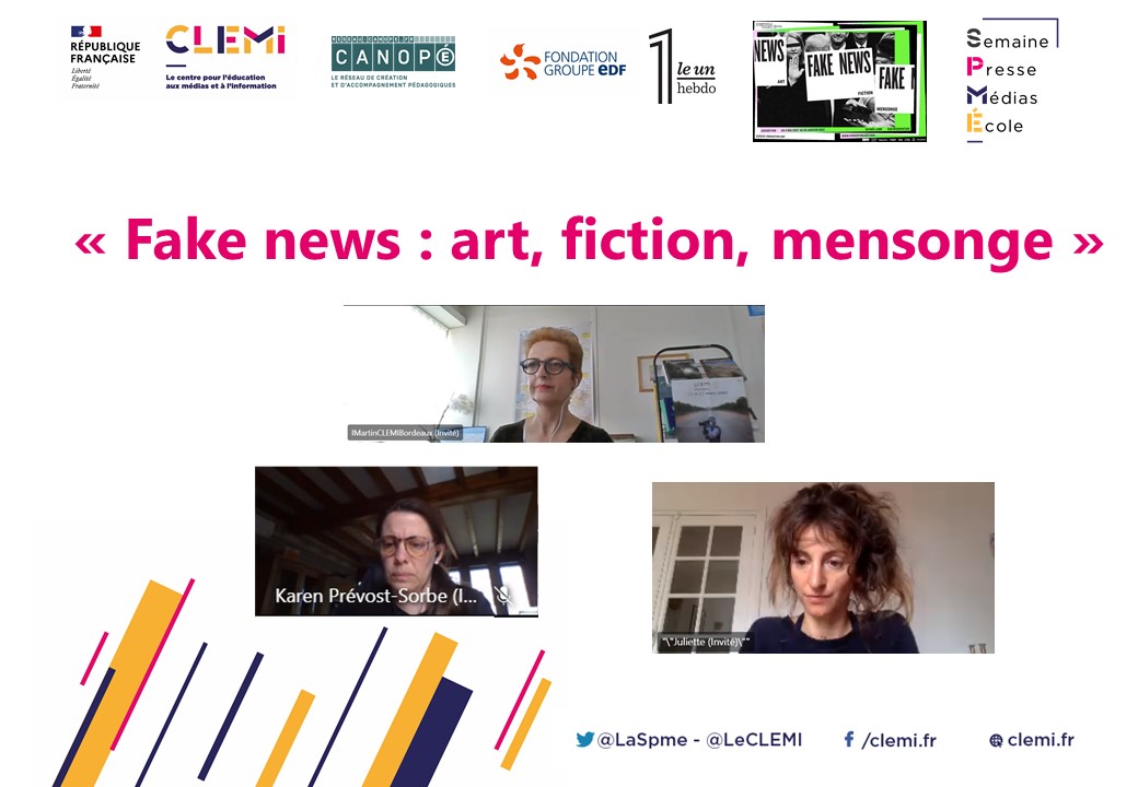 LeCLEMI's tweet photo. Plus de 150 enseignants participent à l'atelier en ligne d’accompagnement #SPME2021 du #CLEMI autour de l'exposition et du dossier pédagogique "Fake news : art, fiction, mensonge". Avec @karen_prevost @Clemi_ot, Isabelle Martin @clemibordeaux, Juliette Le Taillandier de Gabory. https://t.co/SToo3ik3U1