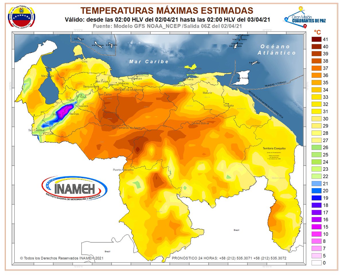 #2Abr #INAMEHInforma Temperaturas máximas estimadas para hoy en Venezuela <a href="/tutiempopereira/">Jose Ramon Pereira</a> <a href="/gestionperfecta/">Carmen Meléndez</a> <a href="/NicolasMaduro/">Nicolás Maduro</a> <a href="/MIJP_Vzla/">MPPRIJP</a>  #ElSolDeVenezuelaNaceEnElEsequibo #FanbEnDefensaDeLaDignidad #FelizViernes