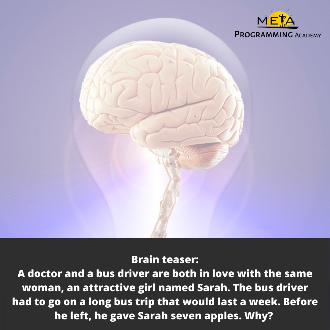 MetaProgAcademy's tweet image. What’s the answer to this brain teaser? Retweet your answer 👇
#Metaprogramming
#MPAcademy
#MetaprogrammingAcademy
#Alternativeeducation
#BrainTeaser
#Brainteasergames
#Brainteaseroftheday
#Brainteaserschallenge