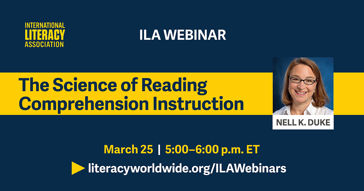 In an upcoming article in The Reading Teacher, <a href="/nellkduke/">Nell K. Duke</a>, @wardalessandrae, and @PDavidPearson share key findings from research on reading comprehension. Join our webinar for early access to the article and to hear about the research from Nell herself. bit.ly/ILA_ReadingCom…