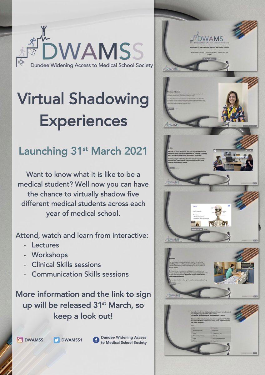 DWAMSS1's tweet photo. DWAMSS are excited to be launching their first-of-a-kind virtual shadowing experience! 🥳

For 6 to 8 hours, hopeful future medics will get to follow five different medical students across all years of medical school, learning both what and how we are taught in medicine. 👩‍⚕️👨‍🎓 https://t.co/MuAsYgtGpL