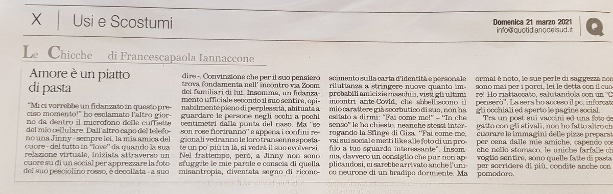 francescapaola3's tweet photo. Ho bisogno di un fidanzato!" Ed il consiglio della mia amica Jinny non è tardato ad arrivare.
Ne parlo questa domenica sul @quotidianodelsud #Insertoculturale #Mimì nella #rubrica #LeChicche https://t.co/eTwsQkyICU
