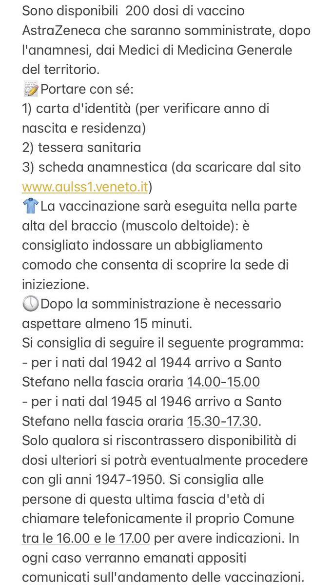 ComelicoSup's tweet photo. ‼️ AGGIORNAMENTO IMPORTANTE‼️ VACCINAZIONE 75-79enni in COMELICO
Le persone nate tra il 1942 e 1946, e residenti nei 5 Comuni del Comelico, sono attese DOMANI 22 marzo 2021 alla sede degli alpini di Santo Stefano in via Udine, dalle 14.00 alle 18.00. https://t.co/YbxYTmJM4w