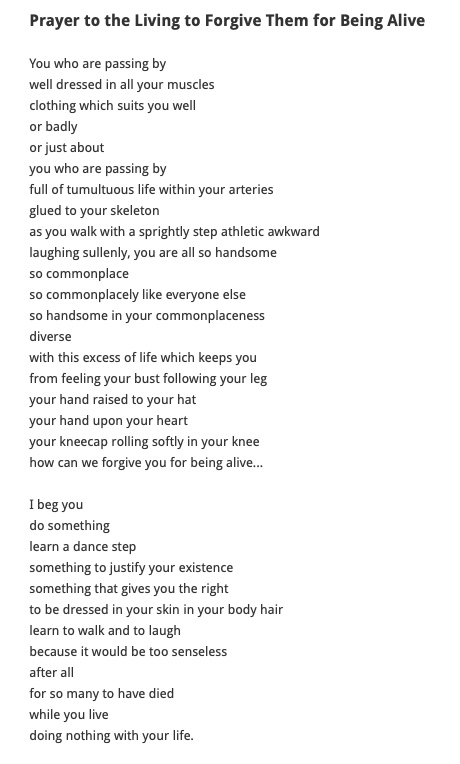 AuschwitzMuseum's tweet photo. #WorldPoetryDay | Charlotte Delbo, a French writer and resistance fighter during the war. An Auschwitz survivor. 

"Prayer to the Living to Forgive Them for Being Alive" https://t.co/QYl43lbhRQ