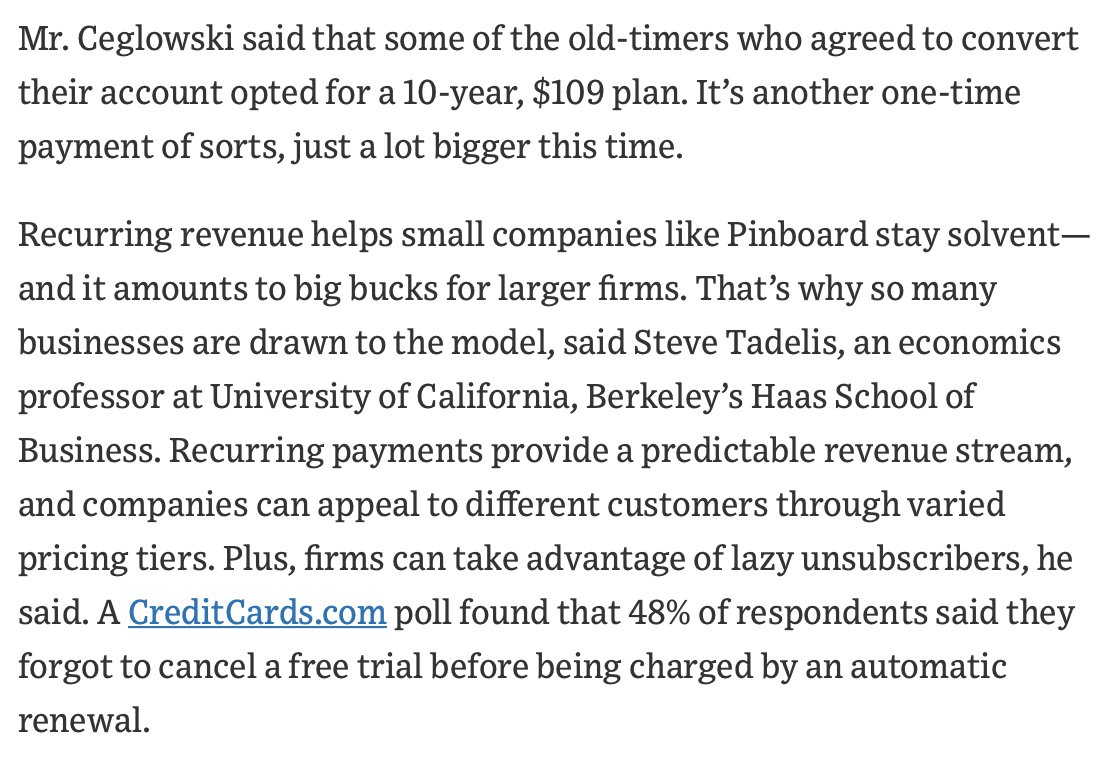 A screenshot of the paragraphs from the WSJ article mentioning Pinboard.