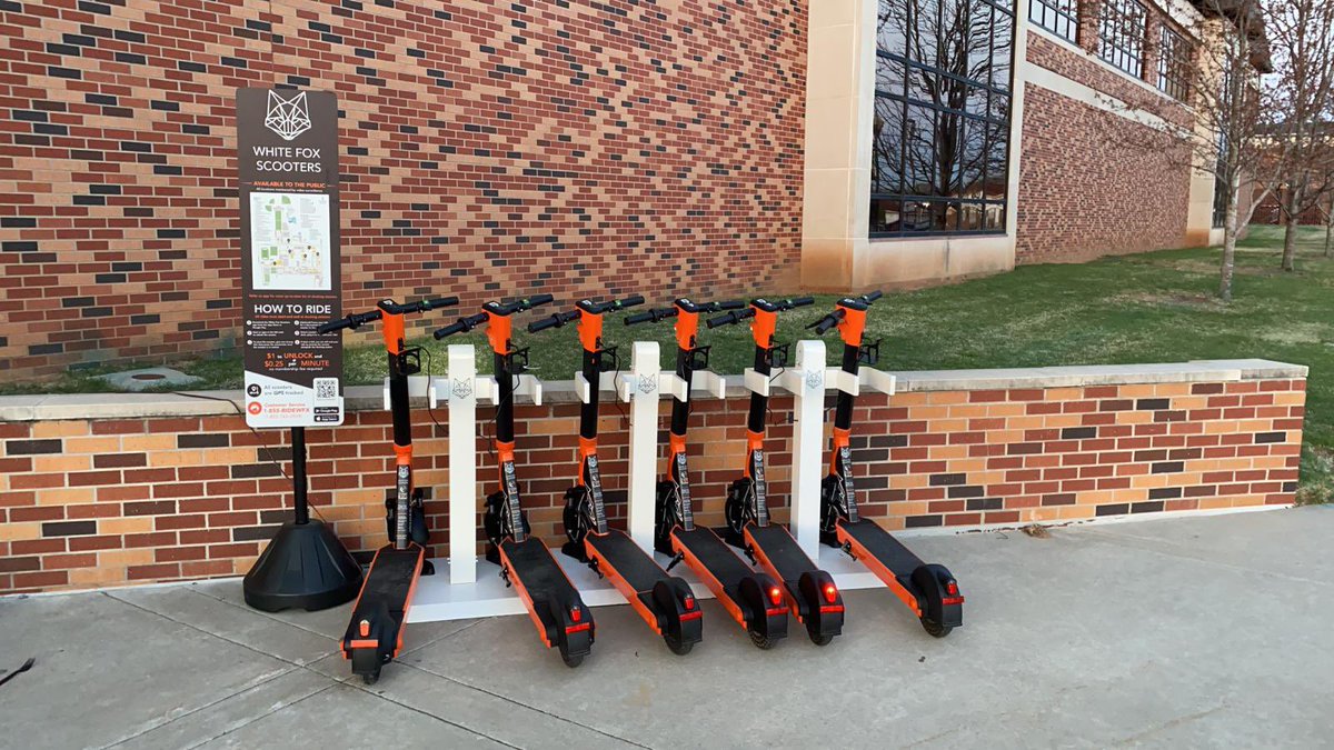 WhiteFoxScooter's tweet photo. Very excited to announce that White Fox Scooters has activated our first university partner, Oklahoma Baptist University with our fully dock to dock e-scooter solution! 

#micromobility #universitypartner #dockingstation https://t.co/28L7uXlyc8