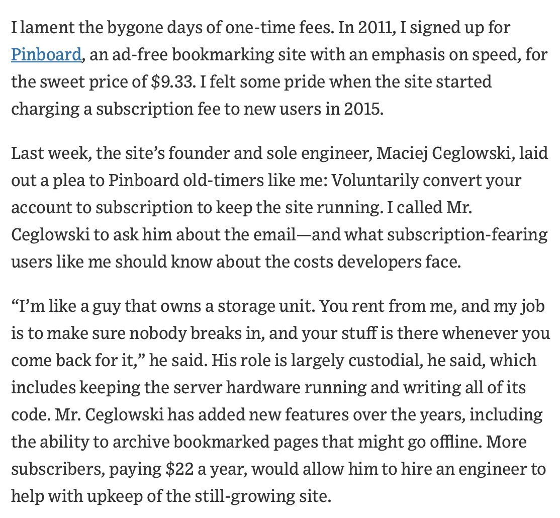 A screenshot of the paragraphs from the WSJ article mentioning Pinboard.
