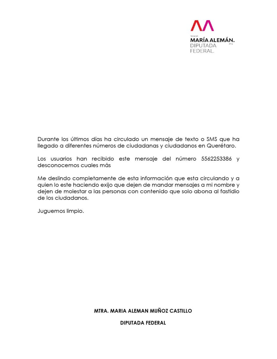 universalqro's tweet photo. 📰✒ María Alemán no está enviando mensajes.

La candidata a la alcaldía capitalina acusó guerra sucia de la cual se deslindó. Refirió que, en los últimos días, a su nombre han enviado mensajes de texto a teléfonos celulares de los ciudadanos. ⬇

https://t.co/El6BfPVik3 https://t.co/ad5dF6wGwK