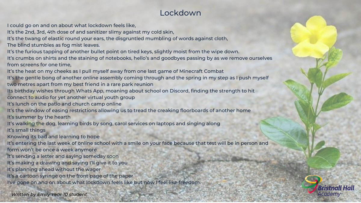 BHallAcademy's tweet image. On #WorldPoetryDay, we share a poem written by our #bhamazing student Emily describing her #lockdown experience. Poems provide comfort and inspiration whilst expressing an intensity of emotions using emotive language. #WorldPoetryDay #literature 
#TransformingLives
