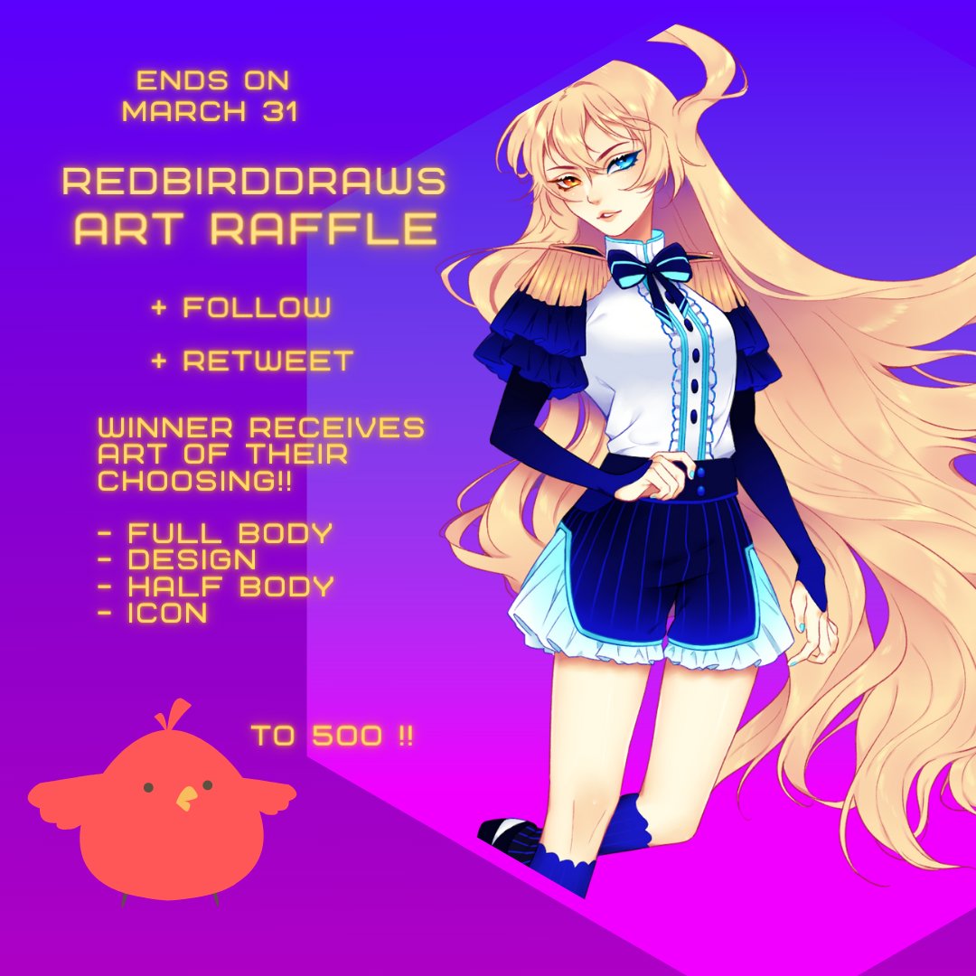 redbirddraws's tweet photo. ✨ART RAFFLE✨

I'm super close to 500 followers so I decided to do a giveaway! There will be one winner, chosen by random selection and they will be able to ask of me... basically whatever they want that I offer for commissions! 

➡️RT
➡️FOLLOW
➡️LIKE

Good luck!! https://t.co/4n7AVcnPKE