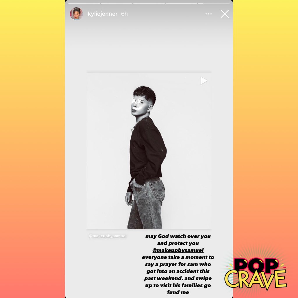 PopCrave's tweet photo. Kylie Jenner sparks fury by asking fans to help raise $60,000 for her friend Samuel Rauda’s surgery after donating $5,000. 

The makeup artist was thrown from a moving vehicle, suffering internal bleeding and eight brain injuries after hitting his head on the pavement. https://t.co/bKrdI0RUWQ