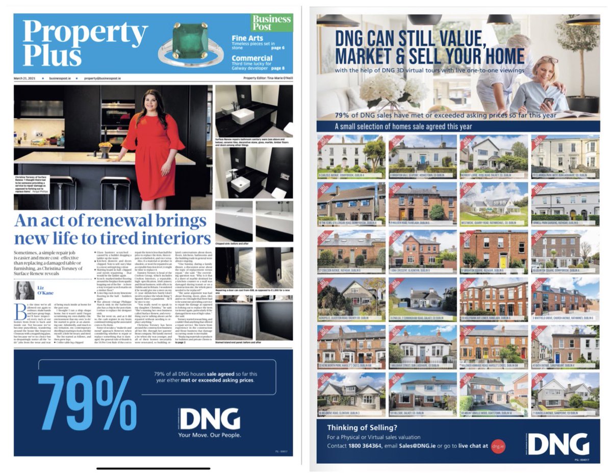 keithplowe's tweet photo. Loving @dng_ie adds flanking the front and back pages of the @businessposthq property supplement today featuring a selection of homes we have sale agreed in the last few weeks - DNG have either met or exceeded asking prices on 79% of all sales so far this year. #dnglive https://t.co/AJgPRa7KWu