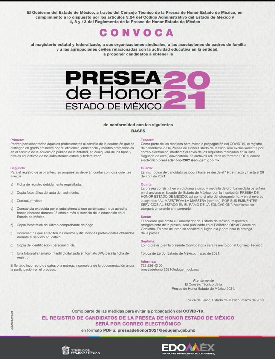 EdelGarciaCort1's tweet photo. 👉 El Comité Ejecutivo de la Sección 36 que lidera el Mtro. Rigoberto Vargas Cervantes, convoca a todos los Trabajadores de la Educación del Valle de Mexico 🙋🏻‍♀️🙋🏻‍♂️ a proponer candidatos a obtener la presea 🏅de "Honor Estado de México 2021" 🇲🇽

✅ Revisa la convocatoria 👇#presea21 https://t.co/PudFPFwWg4
