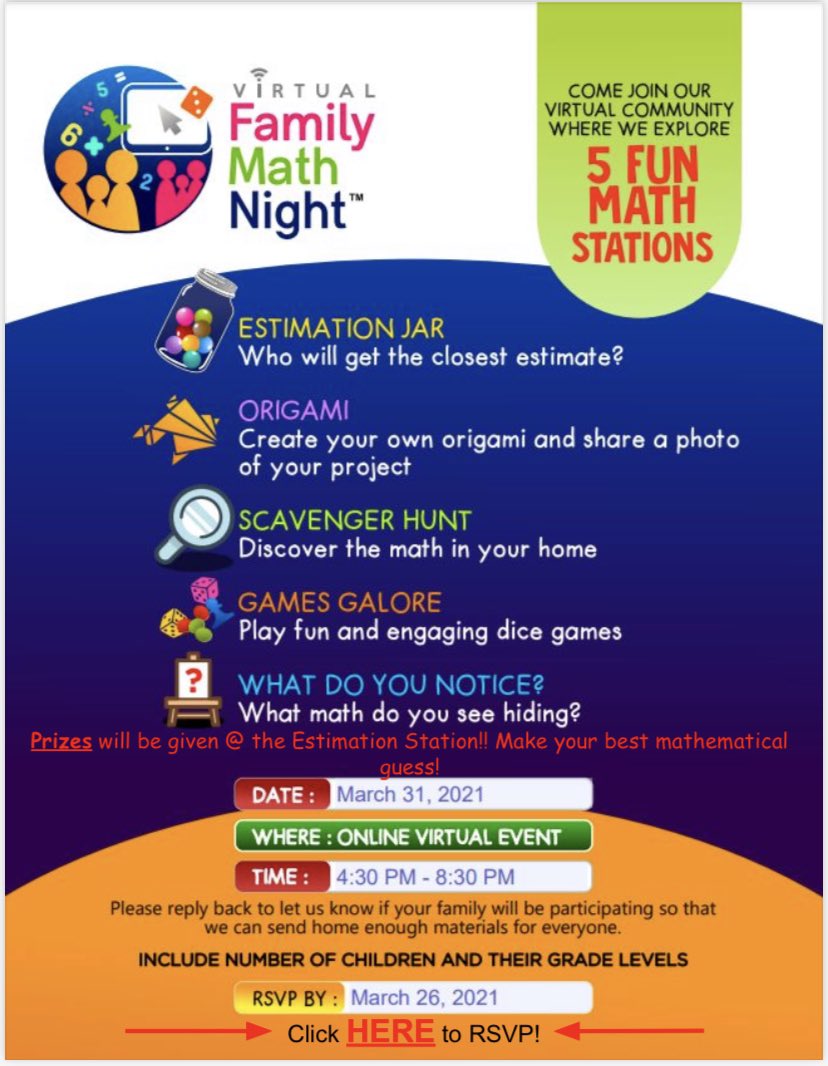 ElementarySandy's tweet image. Join us for our first ever Virtual Family Math Night on Wednesday, March 31st.