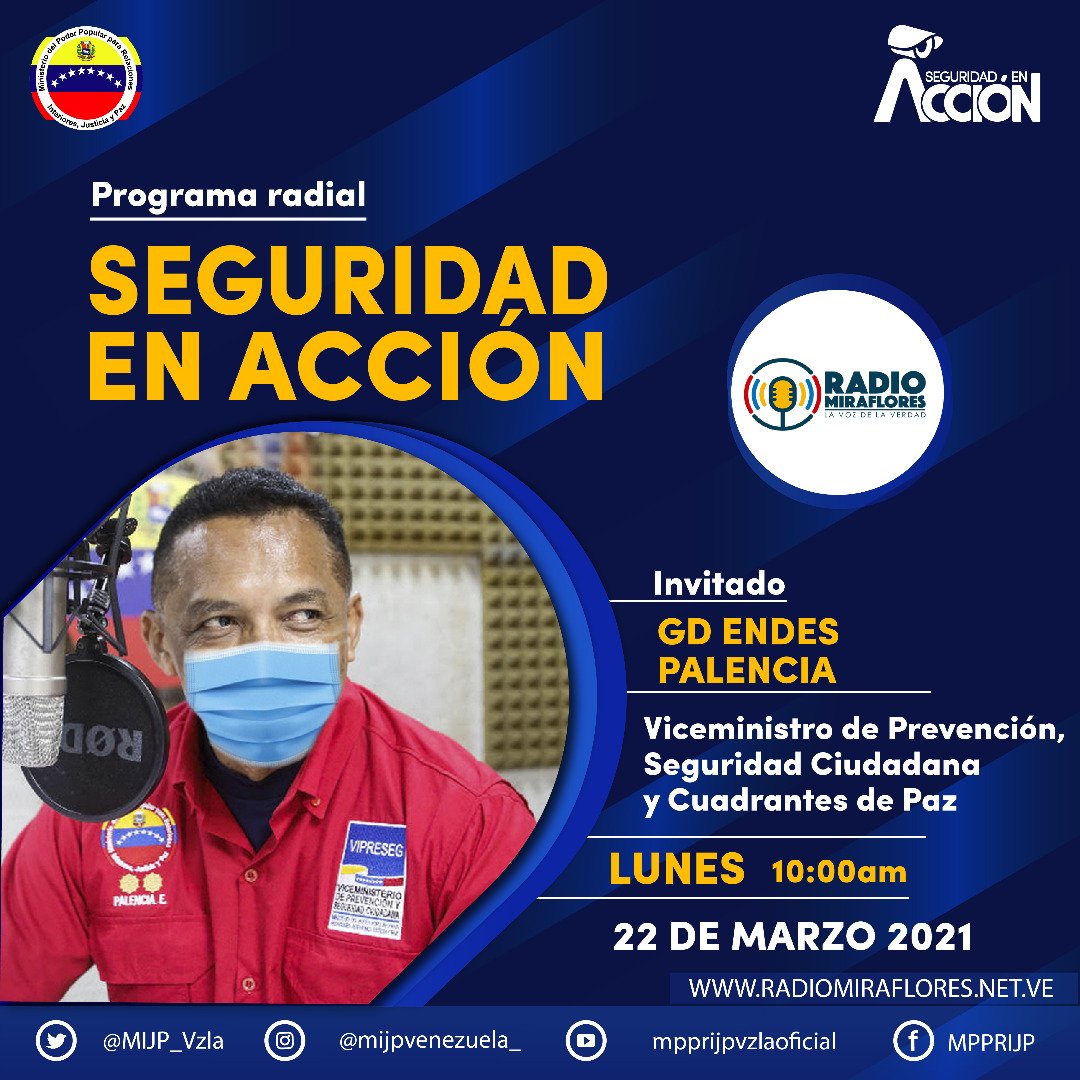 IgnacioIndioo's tweet photo. Sintoniza el programa informativo "Seguridad en Acción” por  📻 #95.9fm

La ventana de comunicación del #MPPRIJP. En esta 10ma edición tendremos como invitado al Viceministro del @VipresegOficial G/D @PalenciaEndes

#LiveWeb ⬇️
https://t.co/lX1McaTQ6f

#DescuidarseEsContagiarse https://t.co/FRmP4BJAeZ
