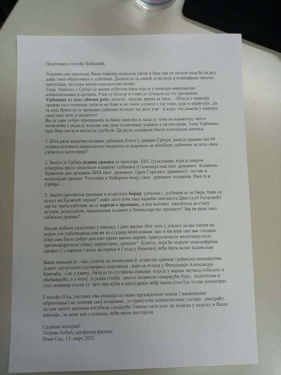 Ипак има нас који капирају да је Завод за уджбенике национални ресурс. Зар треба да га уништимо да би предали монопол страном издавачу?

Хвала професорки Бобић за ово трезвено писмо.