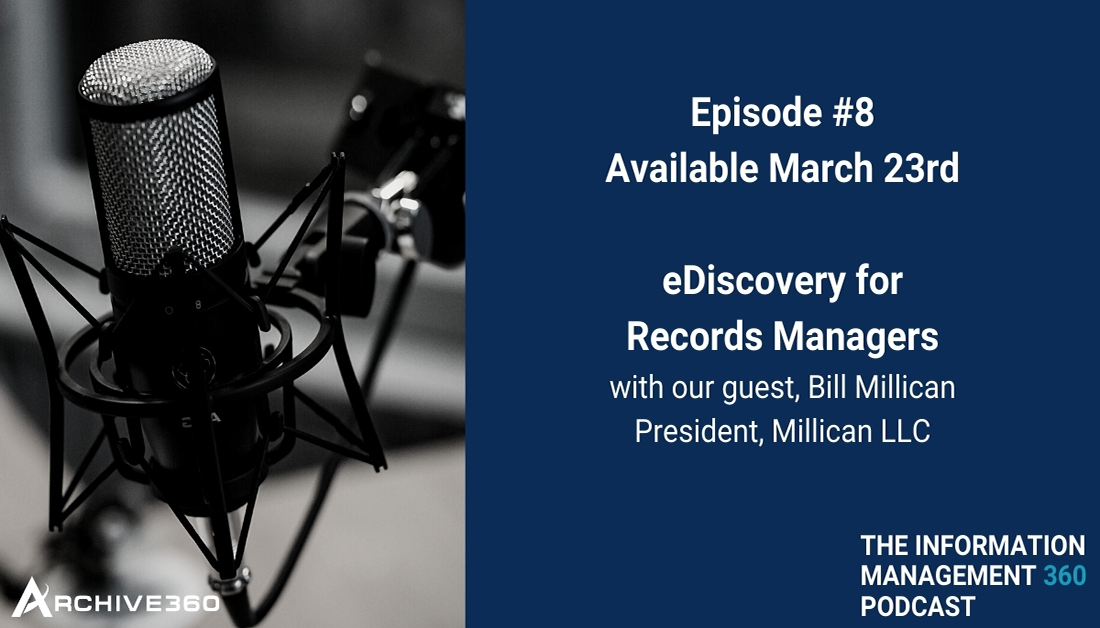 Archive360's tweet photo. Coming March 23rd - As corporate litigation levels continue to rise, Records Managers are becoming more involved in corporate e-discovery responses. Subscribe now: https://t.co/X21r3LrPBN #discoverabledata #ediscovery #archive360 https://t.co/usiNhHn73p