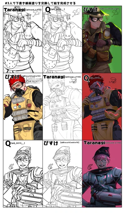 taranøgiさん(@Stand_L110)
びすけさん(@BiscuitCookie10)
と一緒に合作で # 3人で下書き線画塗りを交換して絵を完成させる を完成しました!

絵師としても、友達としても尊敬するお二人と楽しいプロジェクトが出来て嬉しかったです ?☺️✨ 