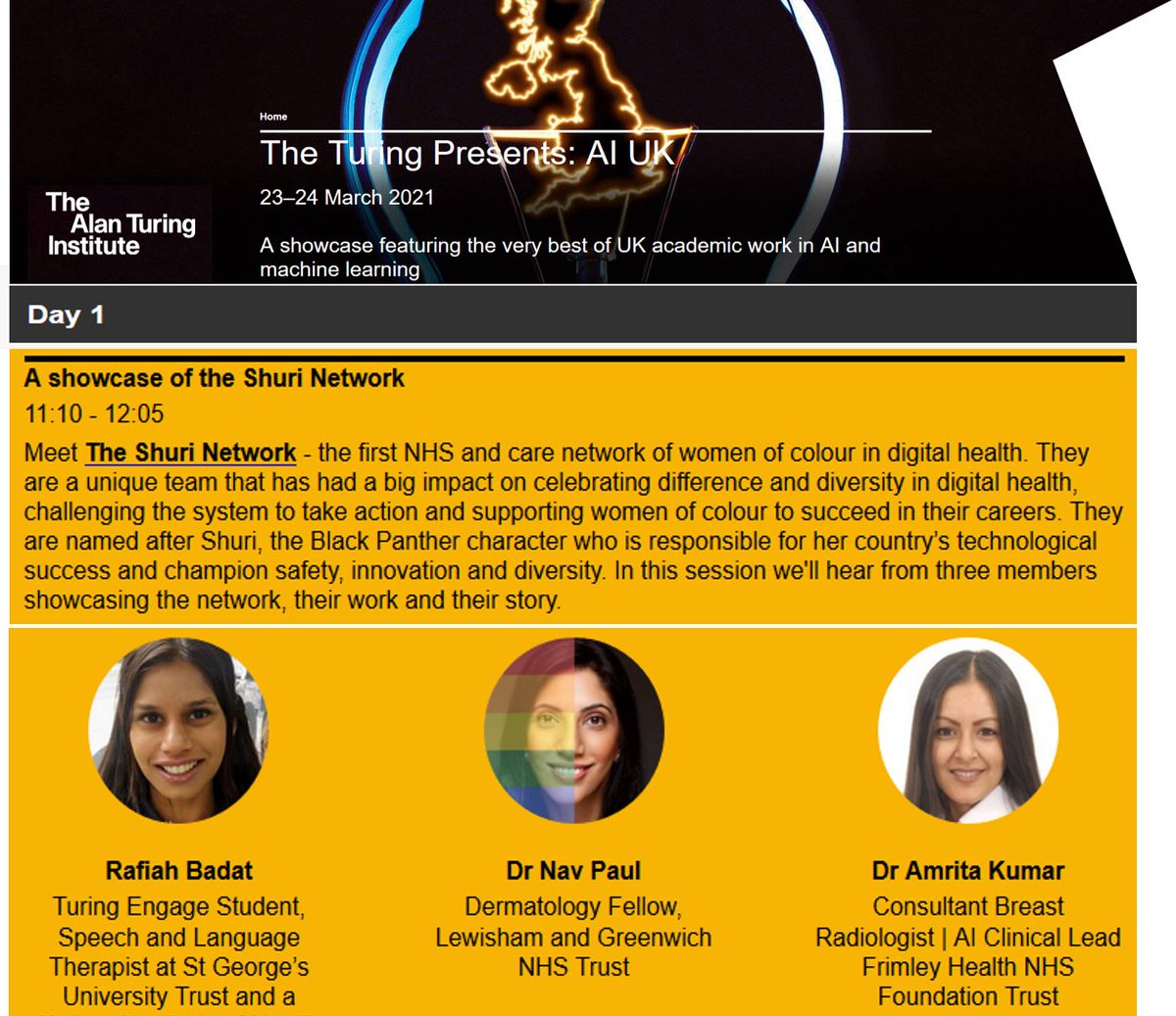 😊to be spotlighting @NetworkShuri with @DrAmritaKumar @DrNavPaul @GhazelMukhtar at @turinginst #AIUK 23rd Mar #inclusiveAI 
Pls join & retweet to bridge tech>research>health/social care.  Will now tag all (sorry-not sorry)
Tickets (DM for assistance): turing.ac.uk/ai-uk