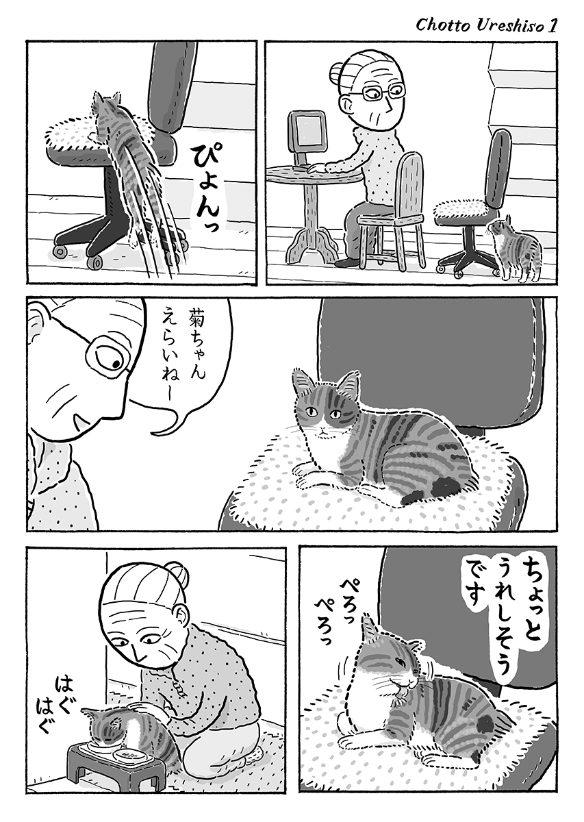 2ページ猫漫画「ちょっとうれしそう」 #猫の菊ちゃん 