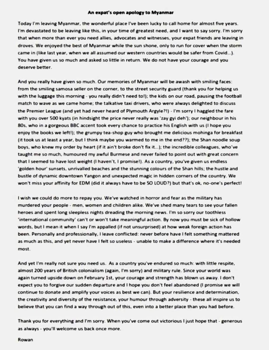 kevisn1's tweet photo. Heart touching letter from an expat leaving our country,Myanmar. 
🥺🥺🥺 
We hope to see you all back soon!
#WhatsHappeningInMyanmar 
#AgainstMyanmarMilitaryCoup 
#JusticeForMyanmar https://t.co/88DqgrJtT3