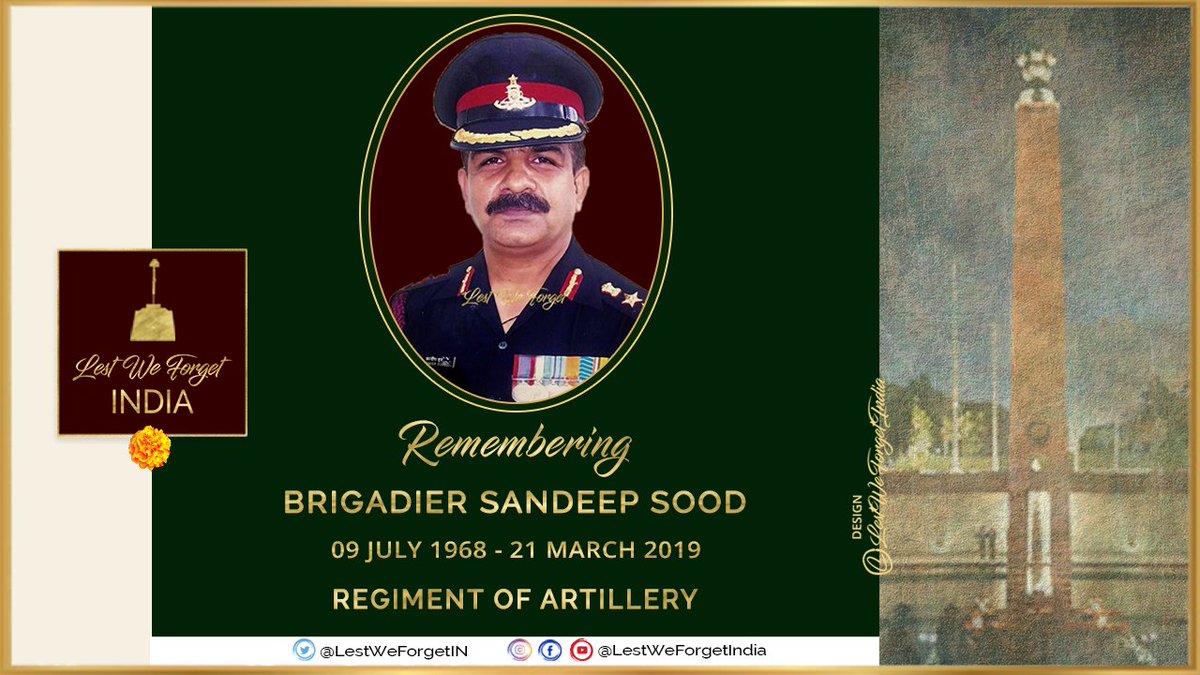 LestWeForgetIN's tweet photo. A Gunner #IndianBrave gone too soon.
#LestWeForgetIndia🇮🇳 Brig Sandeep Sood, (K - 73 NDA), Regiment of Artillery, passed away in harness, #OnThisDay 21 March in 2019 at Jalandhar, #Punjab, at the age of 51
Remember his valour and service to the nation on 2nd Death Anniversary https://t.co/51F9WoRMl3