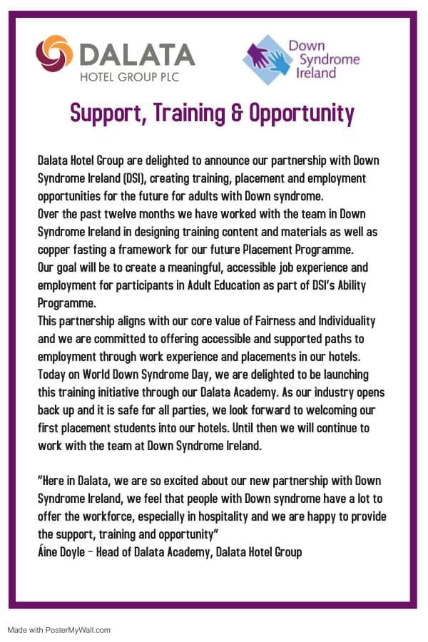 Dalata_Hotels's tweet photo. Delighted on #WorldDownSyndromeDay to announce a exciting new partnership with @DownSyndromeIRL to support work place experience and opportunities for adult with Down Syndrome. Exciting times ahead @OpenDoorsToWork #Valuable500 #Opportunity #developwithdalata https://t.co/jXt4e6YatZ