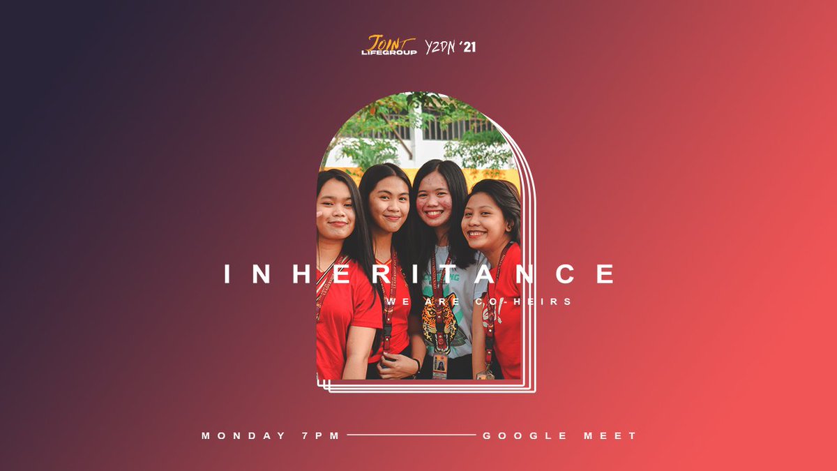 y2dnum's tweet image. 📣 JOINT LIFEGROUP 7PM TOMORROW!!!! 📣

You are a co-heir! Learn more tomorrow and receive what is in your hands that you don't know yet! 😊

Invite your friends! ❤️

#y2dn21 #inheritance #jointlifegroup