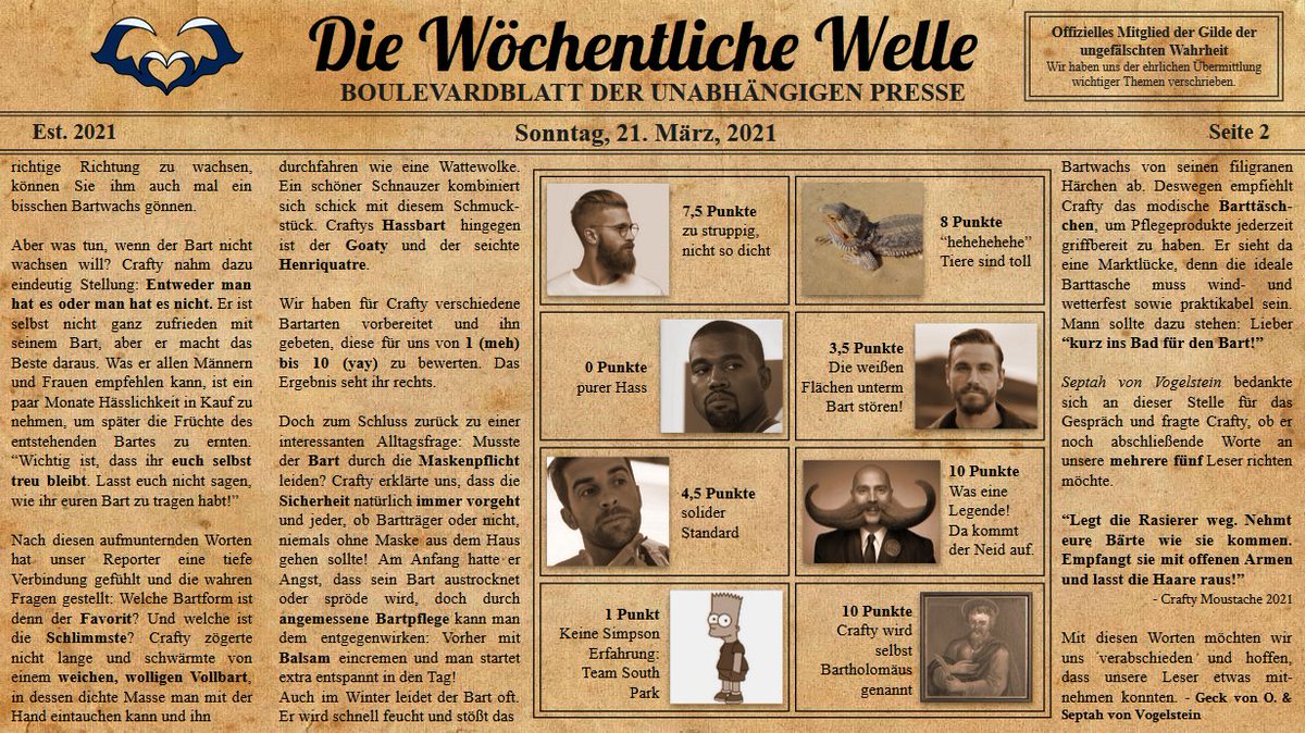 Neue Ausgabe - Wir durften seine Bertinkeit <a href="/CraftyMoustache/">Crafty</a> interviewen! Er hat uns verraten, wie auch DU zu deinem Traumbart kommen kannst.

Kleingedruckt: Mit dem Anklicken der Nachricht verpflichten Sie sich zur Zahlung von 5 Dublonen.