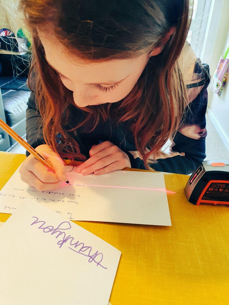 gatewaytrustCEO's tweet photo. Slightly delayed thank you letter writing for the #sleepthief going on this morning with added laser line. It's a game changer!!! #lovelettering #toolsofthetrade #minime #familytime https://t.co/sAz0QYZBMN