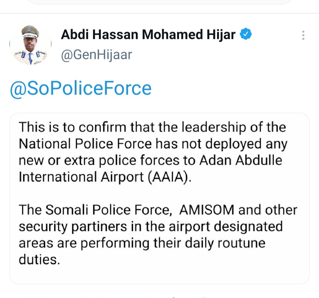 dhuubane2005's tweet photo. Taliyaha ciidanka Booliska Soomaaliya ayaa bartiisa Twitterka ku qoray inaysan jirin Ciidamo cusub ama dheeriya oo lagu kordhiyay Garoonka Aadan Cadde. https://t.co/3Z603fLBnb