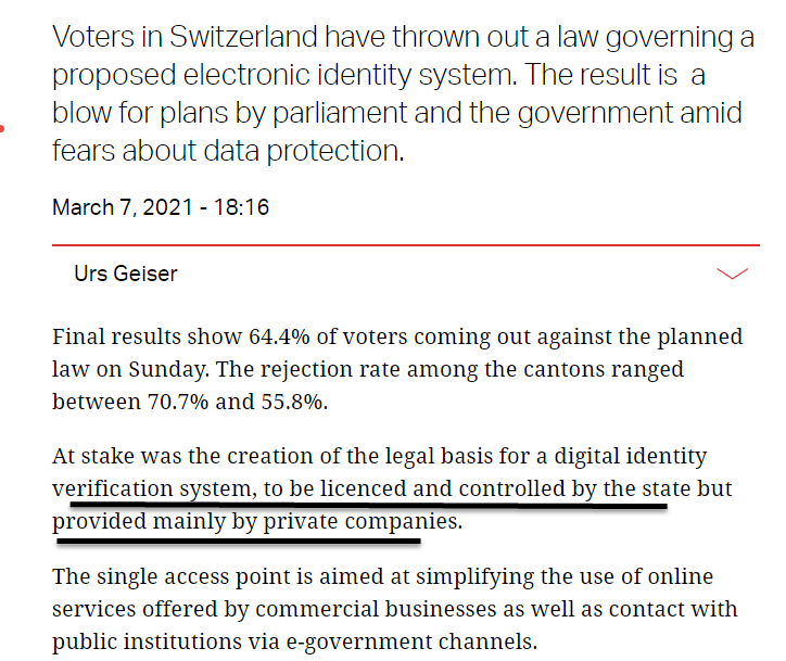 EmfFact's tweet photo. "Voters in #Switzerland have thrown out a law governing a proposed electronic identity system. The result is a blow for plans by parliament and the government amid fears about data protection"
#freedomFrom victory against digital identity done wrong https://t.co/yXOnqWRBHh